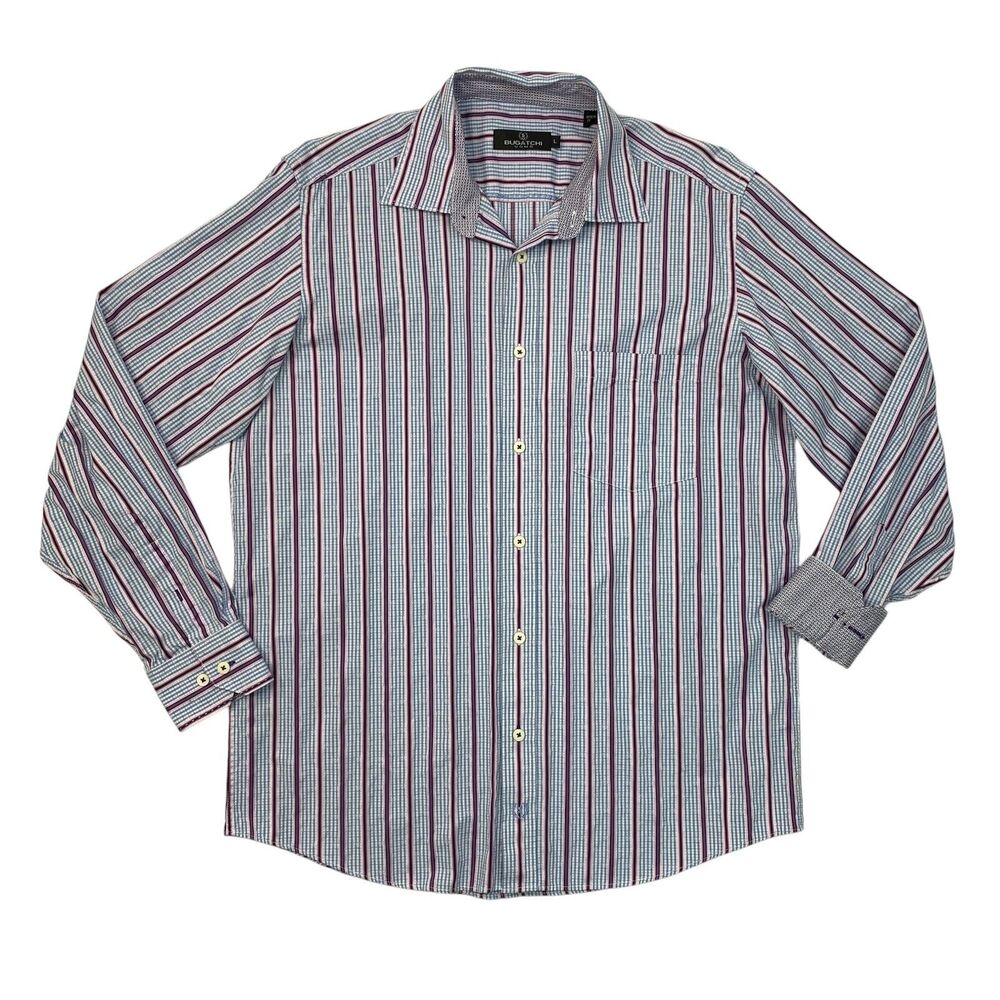 Bugatchi Uomo Shirt Mens L Large Blue Purple Cotton Flip Cuff Striped Dress